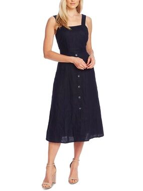 Vince Camuto Black Button-Front A-Line linen dress